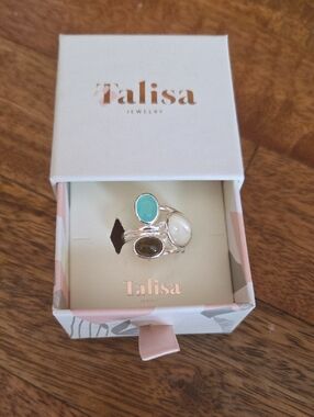 Women's Triple Stone Silver Ring in Turquoise, White, and Brown